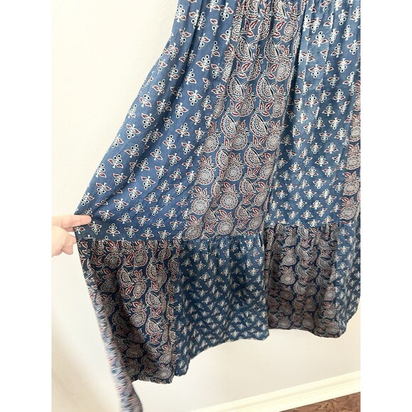 April Cornell Handblock Dress Navy Floral Patchwork Midi Pockets Medium Cottage - Picture 12 of 14